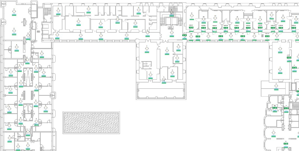 Captura de pantalla de Normalink BMS donde se pueden consultar la distribución de los distintos elementos en un edifico de grandes dimensiones con múltiples salas.
